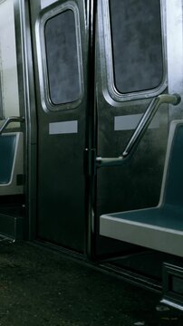 The subway train interior shows empty seats along with metal bars and doors. Little light enters, indicating the quiet atmosphere. Morning commute is likely not busy.