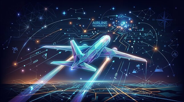 Futuristic Airline Technology Concept with Digital Airplane Flying Over a Circuit Board Landscape, Representing Innovation in Aviation and Smart Travel Systems, Professional Commercial Photography