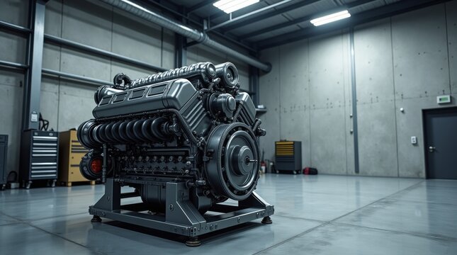 Large industrial V8 engine standing in a clean workshop.