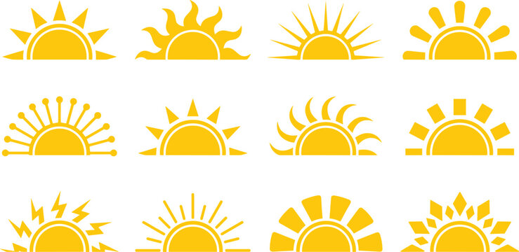Yellow Half Sun Icon Set Featuring Diverse Sunrise and Sunset Half-Circle Symbols with Abstract Wavy Sharp and Geometric Ray Shapes for Weather Vectors