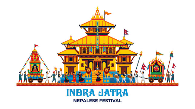 Indra Jatra Festival Celebration in Nepal: Traditional Chariots and Pagoda Temple