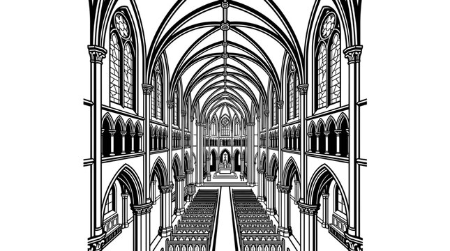Gothic Cathedral Interior, Arched Vaulted Ceiling, Stained Glass Windows, Rows of Pews