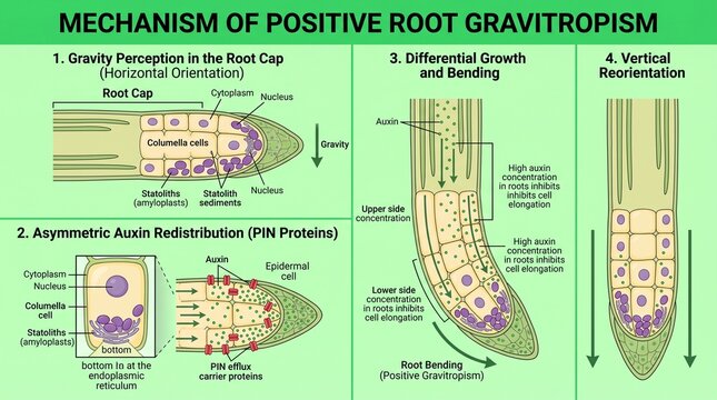 Scientific Diagram Illustrating the Mechanism of Positive Root Gravitropism in Plants