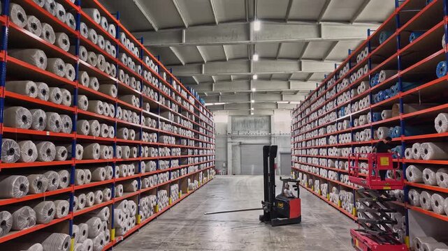 Yarn bobbins are stored on high shelves inside a textile warehouse with forklift operation. This video frame shows stock management, raw material storage, logistics, and industrial warehouse layout.