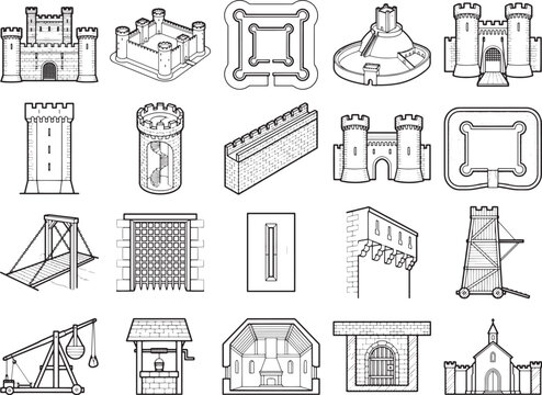 A collection of medieval castle elements, including fortifications, towers, gatehouses, a trebuchet, and other architectural details, presented as line art illustrations.