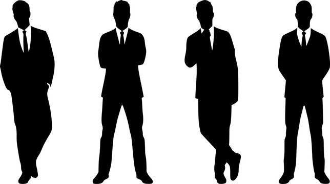 Four Men Standing Silhouette, Muscular Bodyguards in Front View, Black Vector Illustration Isolated on White Background