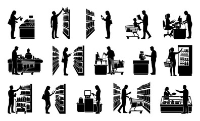 Obraz premium Grocery store silhouette set | Shoppers buying food, choosing products on shelves and paying at checkout counter | Vector illustration icon pack
