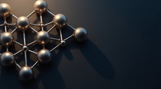Abstract molecular structure made of metal spheres and connecting rods on a dark background.