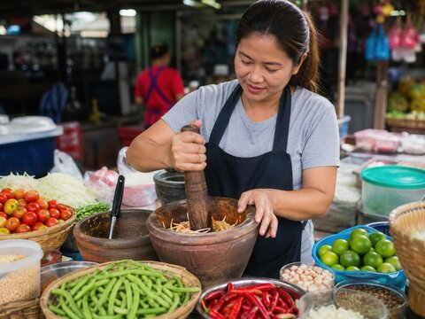Thai-Streetfood-K&ouml;chin stampft frischen Som Tam im M&ouml;rser mit gr&uuml;ner Papaya, Tomaten, Bohnen, Chili und Limetten &ndash; lebendige Marktszene mit authentischer Zubereitung.