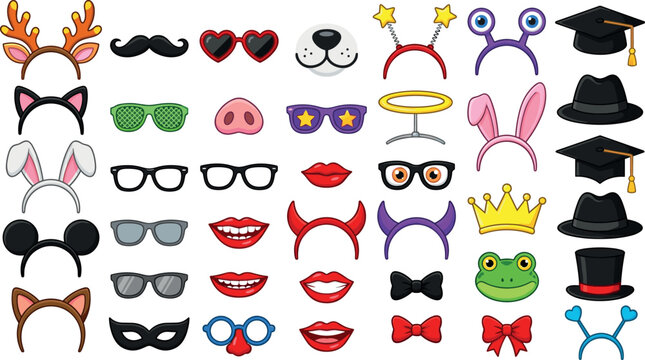 Photo Booth Props Vector Set, Party Costume Illustration Collection with Glasses Mustache Crown Bow Tie Animal Ears and Hat