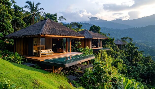 Modern bungalow with wooden deck in tropical forest.