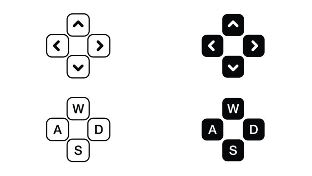 Arrow keys and WASD gaming keyboard buttons vector illustration set featuring black and white minimalist interface control icons design