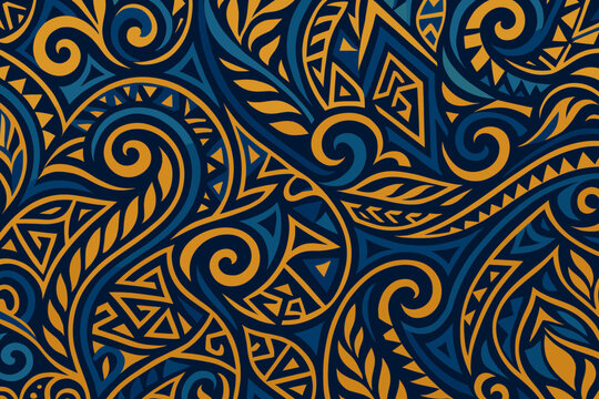 Polynesian Tribal Seamless Pattern Featuring Traditional Hawaiian Tattoo Ornaments Intricate Maori Floral Swirls Curved Lines Luxury Gold Royal Navy Blue Organic Foliage Ethno Folk Art Element
