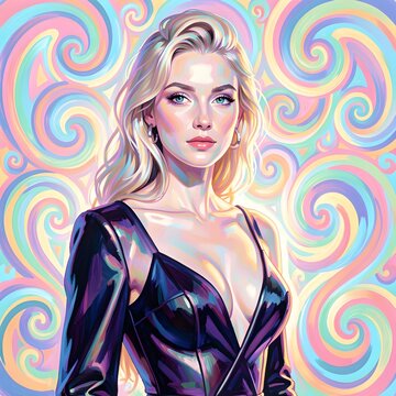 Share

A beautiful woman in elegant attire stands within a vibrant, dreamlike environment filled with swirling psychedelic patterns