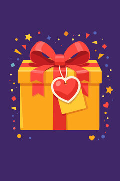 Surprise Gift Box Concept Featuring Golden Yellow Wrapped Package Big Red Ribbon Bow Heart Tag Greeting Label Confetti Birthday Valentine Christmas Celebration Graphic Detailed Art Illustration
