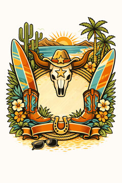 Western Cowboy Surf Concept Emblem Featuring Bull Skull Wearing Star Hat Leather Boots Surfboards Horseshoe Palm Trees Cactus Beach Sunset Coastal Tropical Holiday Graphic Artwork Illustration
