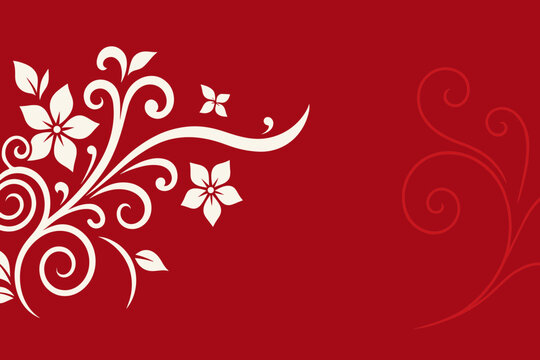 Elegant Floral Greeting Card Template Featuring Abstract White Blooming Flowers Organic Leaves Swirl Vines Splashes Decorative Corner Ornament Elegant Crimson Red Background Graphic Artwork
