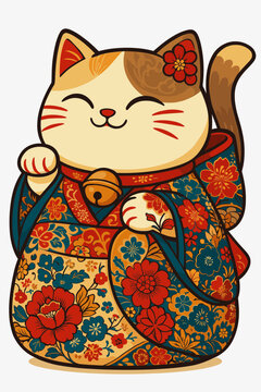 Japanese Lucky Maneki Neko Cat Character Wearing Traditional Kimono Fabric With Ornate Floral Patterns Golden Bell Necklace Waving Paw Wealth Fortune Mascot Avatar Detailed Illustration
