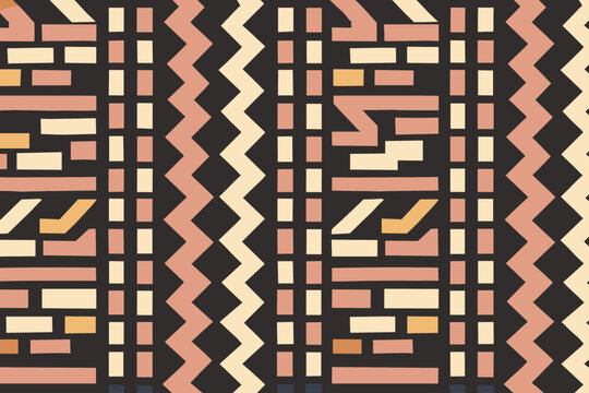 Traditional African Geometric Vertical Seamless Pattern Featuring Tribal Ethnic Abstract Ornaments Mesoamerican Chevron Zigzag Stripes Terracotta Clay Pastel Pink Yellow Folk Aztec Art Texture

