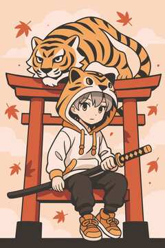Cute Anime Boy Samurai Character Wearing Tiger Head Costume Hoodie Sitting On Japanese Torii Gate Holding Katana Sword Fierce Big Wild Cat Crouching Guarding Autumn Leaves Fall Season
