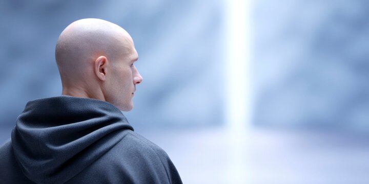 a man with a bald head wearing a black hoodie, in the middle of an empty room illuminated by light beams
