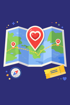 Travel Map Concept Featuring Folded Paper World Map With Heart Pin Pointer Location Navigation Route Dots Compass And Yellow Ticket Graphic Icon Over Dark Blue Background Art
