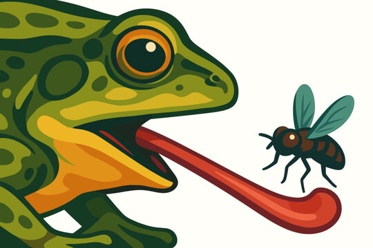 Hungry Green Frog Catching Fly Insect With Long Red Sticky Tongue Wildlife Nature Hunting Predator Character Big Golden Eyes Amphibian Toad Animal Flat Graphic Detailed Art Illustration
