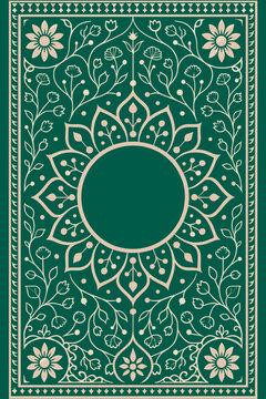 Islamic Book Cover Design Concept Featuring Elegant Emerald Green And Gold Arabian Floral Ornament Outer Border Frame Line Art Luxury Ramadan Kareem Quran Card Template Graphic Style
