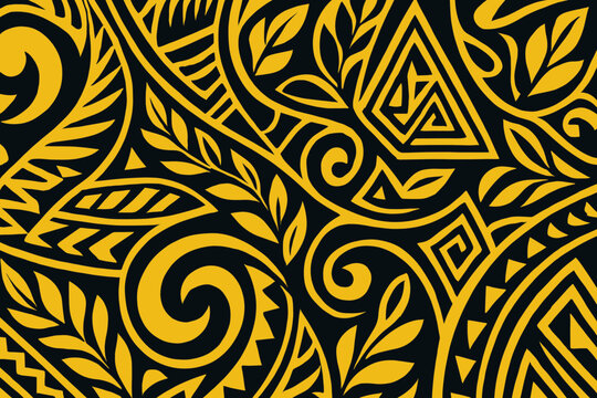 Polynesian Tribal Seamless Pattern Featuring Traditional Hawaiian Tattoo Ornaments Intricate Maori Floral Swirls Curved Lines Luxury Gold Black Organic Foliage Ethno Folk Art Element
