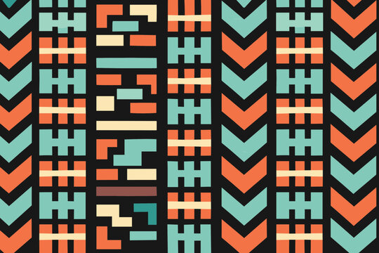 Traditional African Geometric Vertical Seamless Pattern Featuring Tribal Ethnic Abstract Ornaments Mesoamerican Chevron Zigzag Stripes Terracotta Clay Teal Mint Green Yellow Aztec Folk Art
