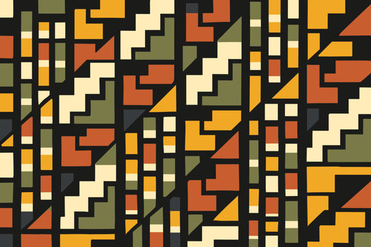 Traditional African Geometric Vertical Seamless Pattern Featuring Tribal Ethnic Abstract Ornaments Mesoamerican Chevron Zigzag Steps Terracotta Clay Olive Green Yellow Folk Aztec Art Texture
