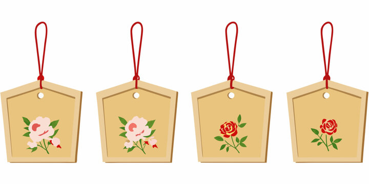 Four Wooden Ema Votive Plaques With Floral Illustrations Vector Graphic