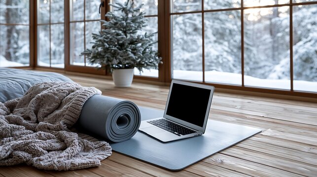 Cozy Winter Wellness: Yoga Mat and Laptop Beside a Snowy Window View