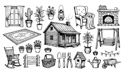 Obraz premium Cozy Home and Garden Hand Drawn Sketch Vector Set EPS10