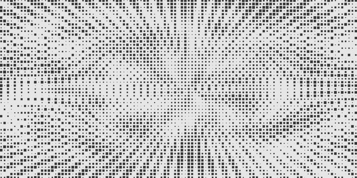 Pixelated bitmap gradient texture. Black and white dither pattern background. Abstract glitchy pattern. Wide raster backdrop.