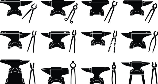 Blacksmith anvil and tongs collection traditional metal forge workshop industrial iron craftsmanship heavy machinery tools icons set
