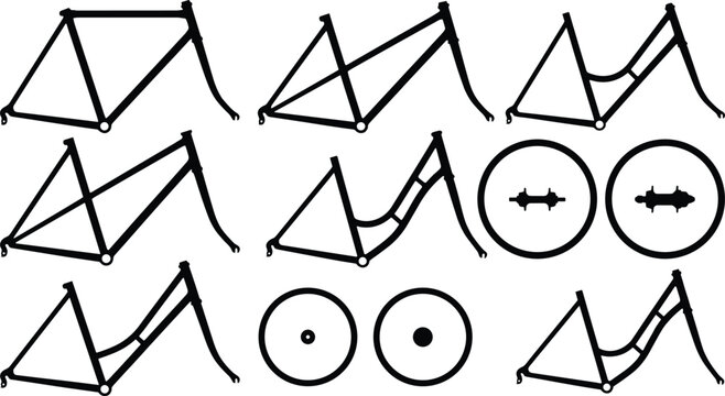 Bicycle frame collection classic city bike geometry parts and wheels cycling mechanics assembly black silhouettes icons set