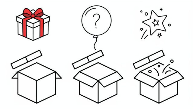 Line art illustrations of gift box with ribbon and opened boxes with question mark balloon and star
