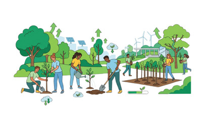 Fototapeta premium Climate Action Volunteers Planting Trees for Carbon Emission Reduction and Green Future Vector Illustration
