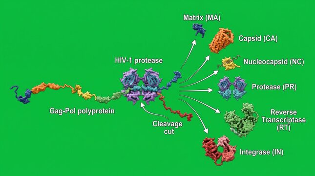 Scientific diagram showing HIV protease cleaving Gag-Pol polyprotein in a detailed molecular biology visualization
