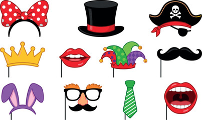 Colorful Party Photo Booth Props Vector Set with Hat Lips Glasses Mustache Joker Cap Tie Carnival Costume Accessories Collection © Mifta