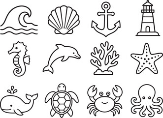 Fototapeta premium Ocean Modern and Premium Icon Set, Featuring wave, seashell, anchor, lighthouse and More, Editable Stroke, Outline Icon Collection