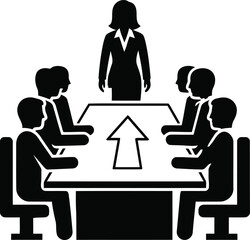Obraz premium Minimalist vector icon of a business team meeting with a leader at a conference table