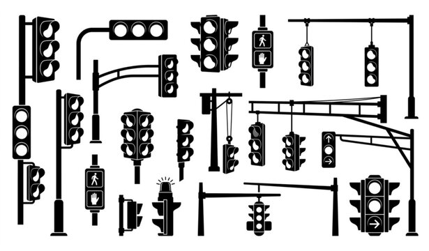 Traffic Control Light Collection Horizontal and Vertical Signal Icons Black Vector Illustration Set