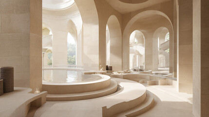 Fototapeta premium masterpiece monumental limestone architecture, sculptural organic arches, floating limestone terraces, layered architectural platforms, warm ivory, sand and beige palette