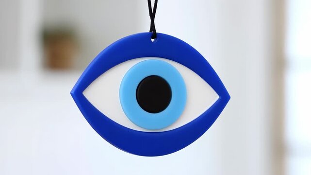 Hanging blue eye amulet with concentric rings and black cord, centered against softly blurred interior, frontal close view with glossy layered surface, spiritual decorative symbol