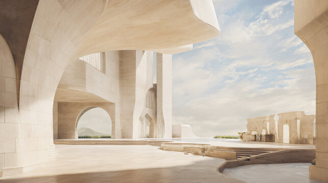 masterpiece monumental limestone architecture, sculptural organic arches, floating limestone terraces, layered architectural platforms, warm ivory, sand and beige palette