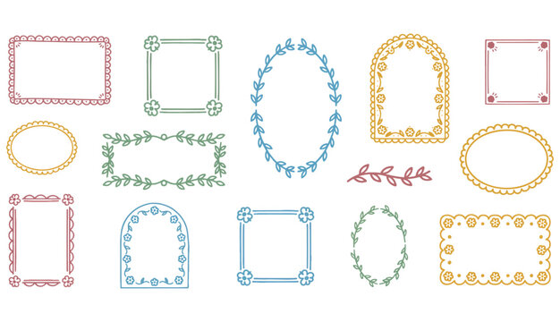 Doodle coastal frame set, hand drawn colorful border collection. Minimal hand drawn square arch and rectangle shapes kit. Elegant retro empty banner, poster, placard, postal stamp. Doodle frame decor.