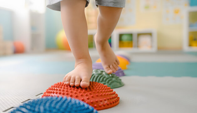 A child walking barefoot on colorful textured balance pods for sensory integration and orthopedic training in a playroom, focusing on pediatric physical therapy and development