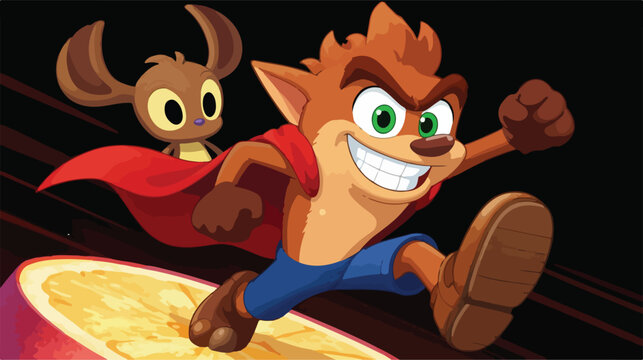 Crash Bandicoot, Aku Aku, cartoon characters, vector illustration, red cape, blue pants, brown shoes